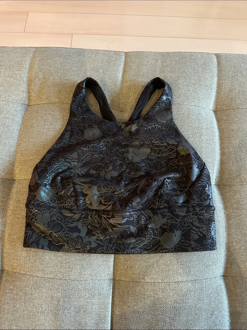 Black Green Metallic Floral-Print Racerback Sports Bra -